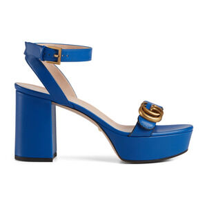 Gucci Marmont Blue Leather Gold G Logo Block Heel Ankle Strap Platform Sandal 36